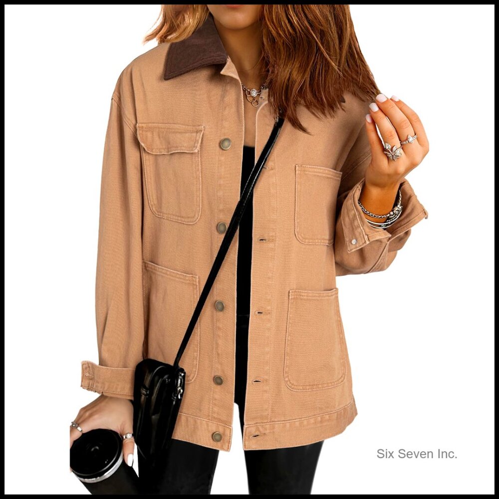 Oversized Denim Jacket Corduroy Collar Retro Barnfit Boyfriend Style Loose Fit